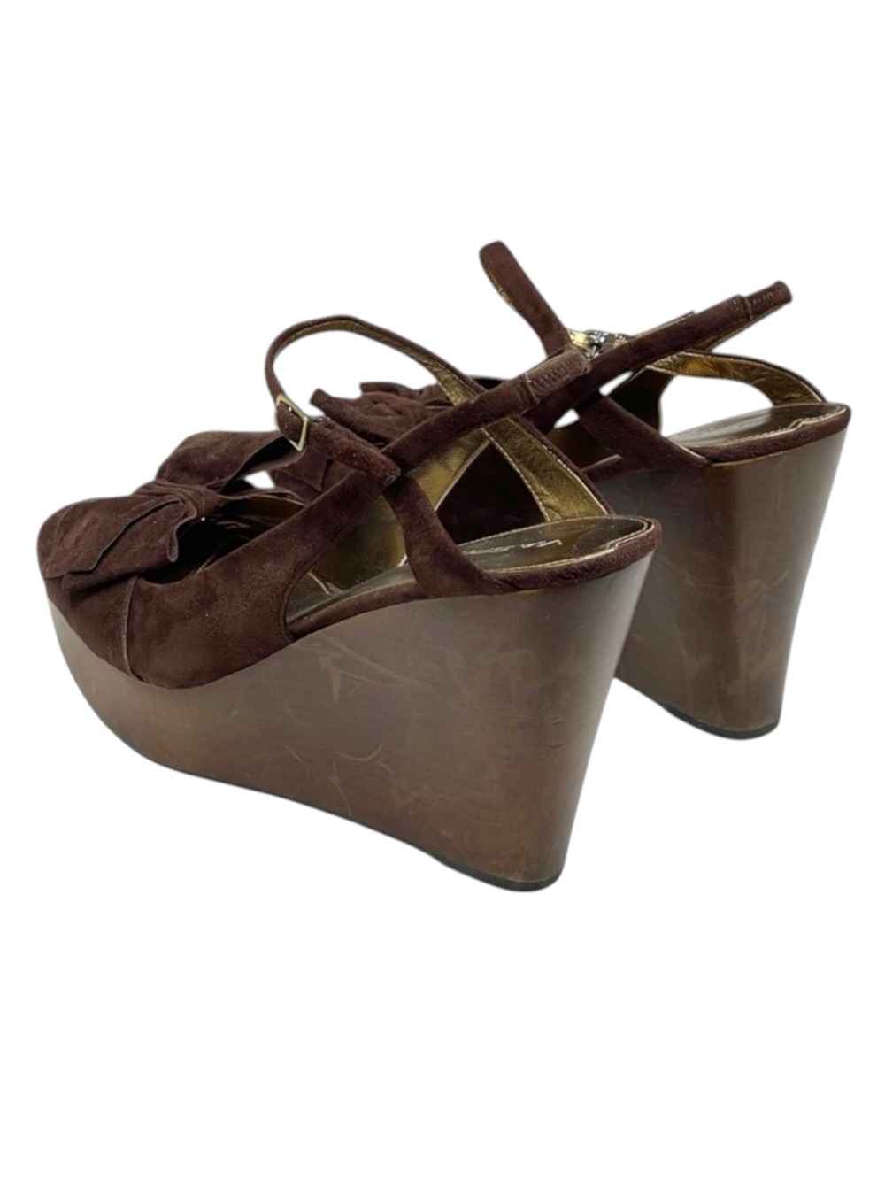 new Via Spiga ✽ Wood Wedge Platform Heel Bow Sandals ✽ Chocolate Suede ✽ 10.5M ✽ - Picture 7 of 16
